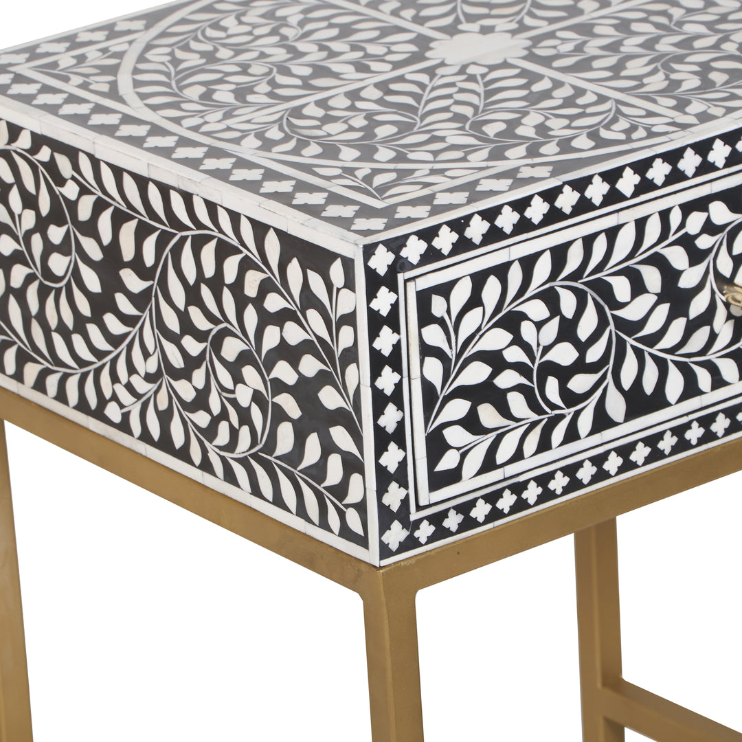 Bone Inlay Nightstand with 1 Drawer - Black Floral