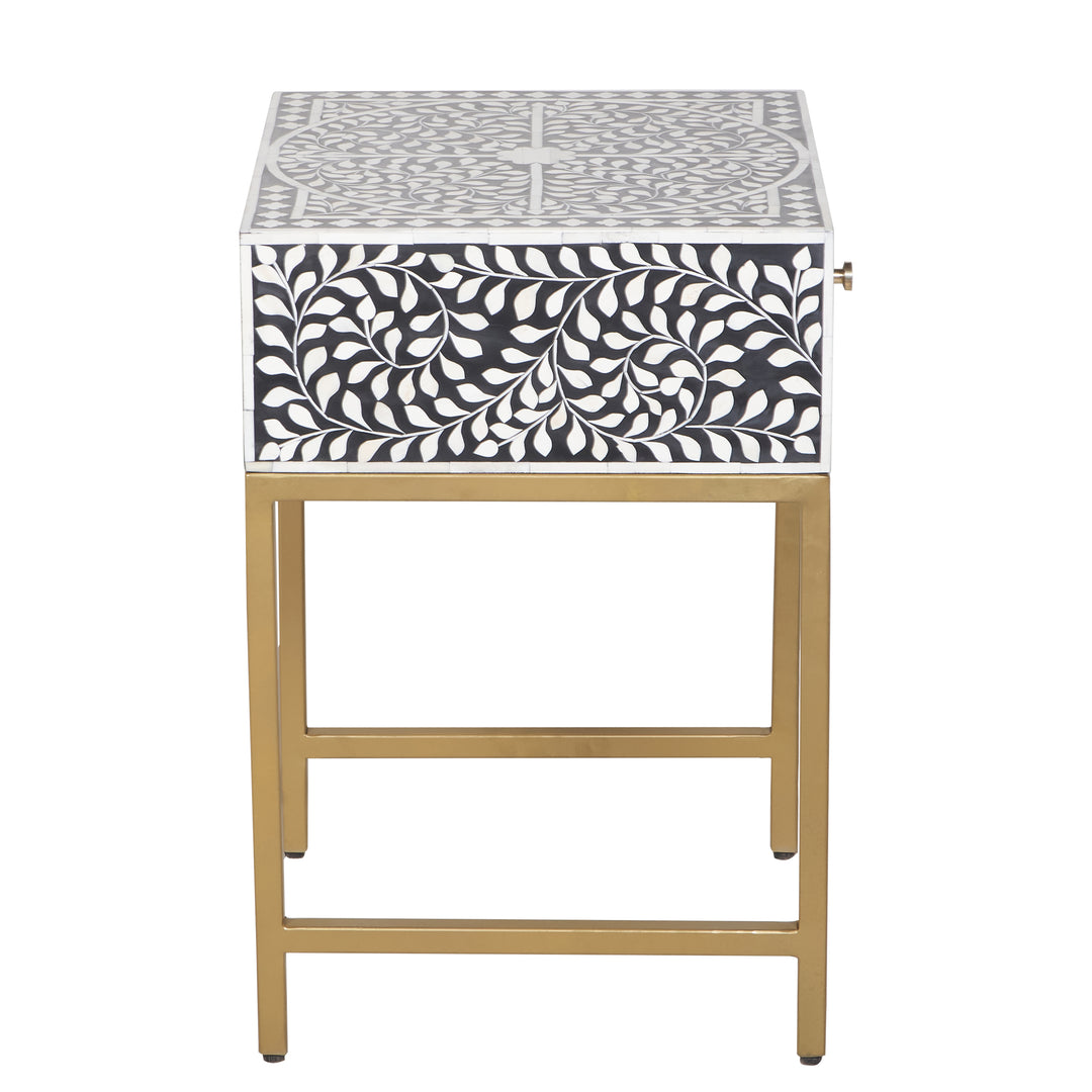 Bone Inlay Nightstand with 1 Drawer - Black Floral