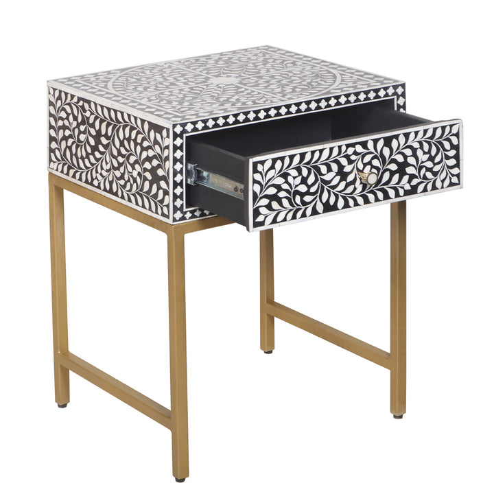 Bone Inlay Nightstand with 1 Drawer - Black Floral