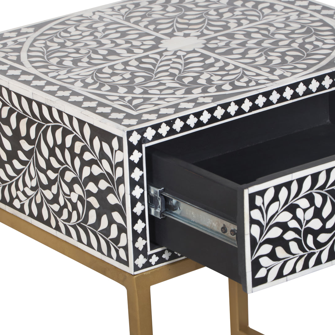 Bone Inlay Nightstand with 1 Drawer - Black Floral