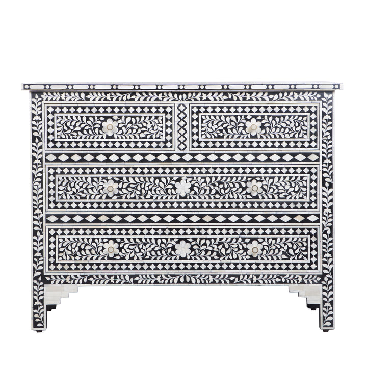 Bone Inlay 4 Drawer Dresser - Black Floral