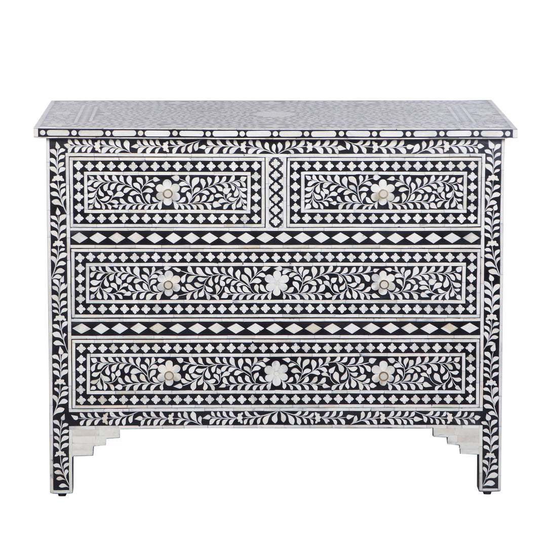 Bone Inlay 4 Drawer Dresser - Black Floral