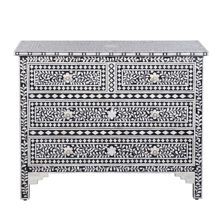 Bone Inlay 4 Drawer Dresser - Black Floral