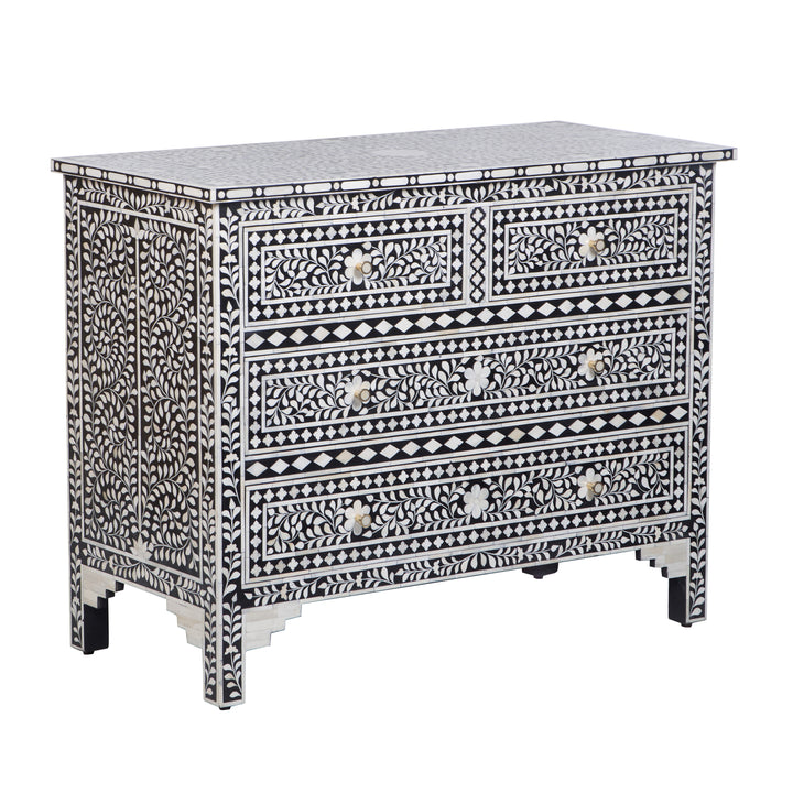 Bone Inlay 4 Drawer Dresser - Black Floral