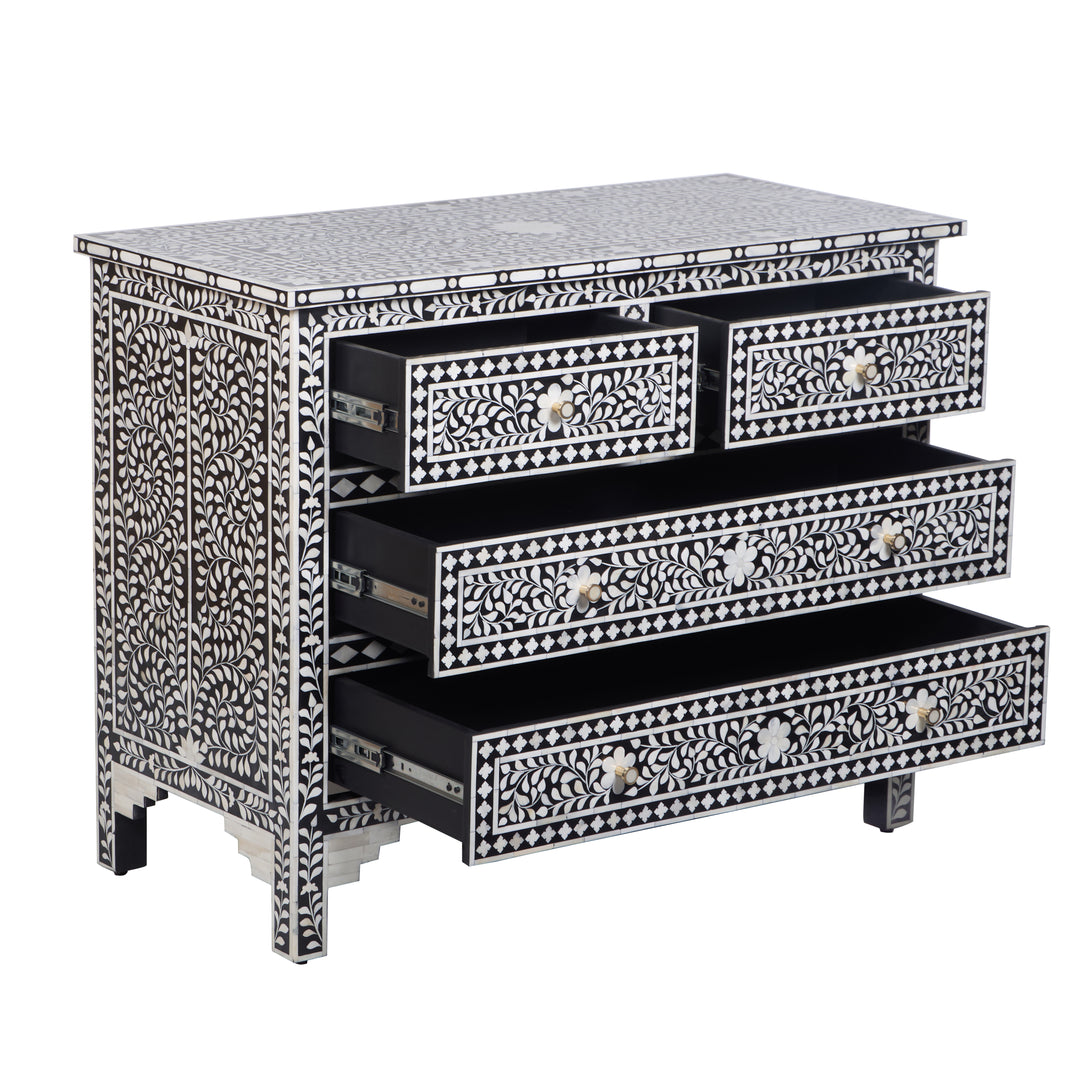 Bone Inlay 4 Drawer Dresser - Black Floral