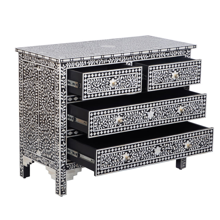 Bone Inlay 4 Drawer Dresser - Black Floral