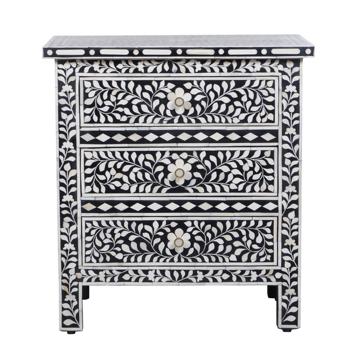 Bone Inlay Large 3 Drawer Nightstand - Black Floral