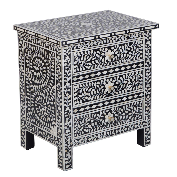Bone Inlay Large 3 Drawer Nightstand - Black Floral