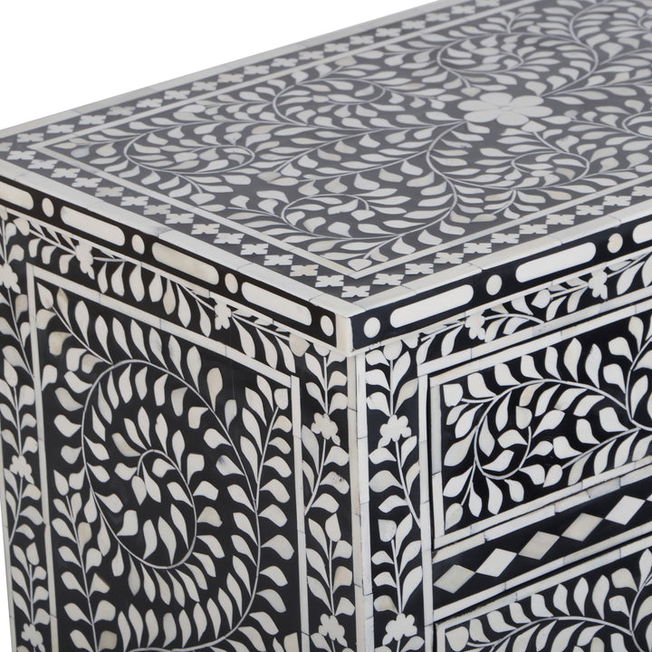 Bone Inlay Large 3 Drawer Nightstand - Black Floral