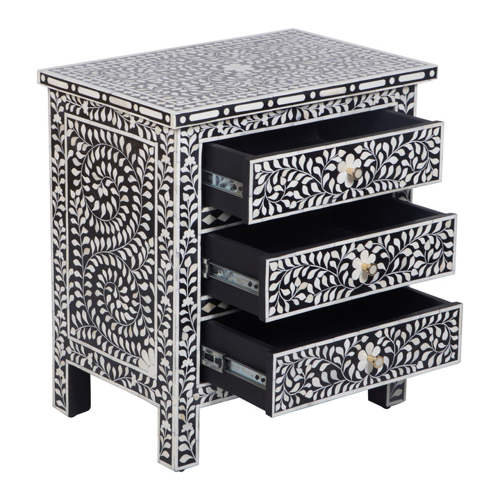 Bone Inlay Large 3 Drawer Nightstand - Black Floral