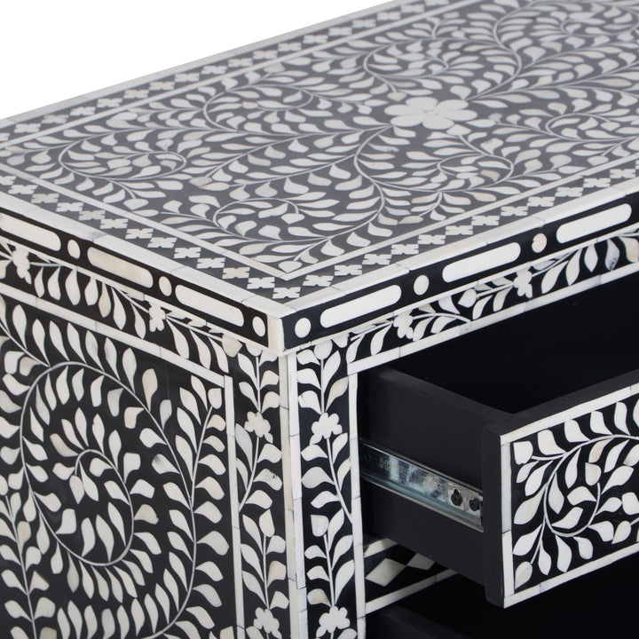 Bone Inlay Large 3 Drawer Nightstand - Black Floral