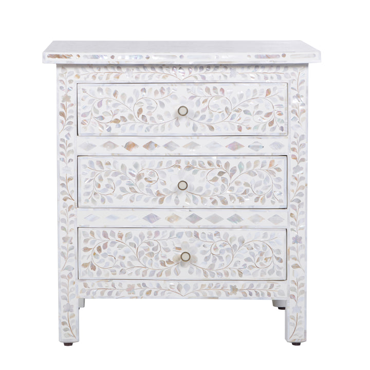 Mother of Pearl Inlay Large 3 Drawer Nightstand - White Floral