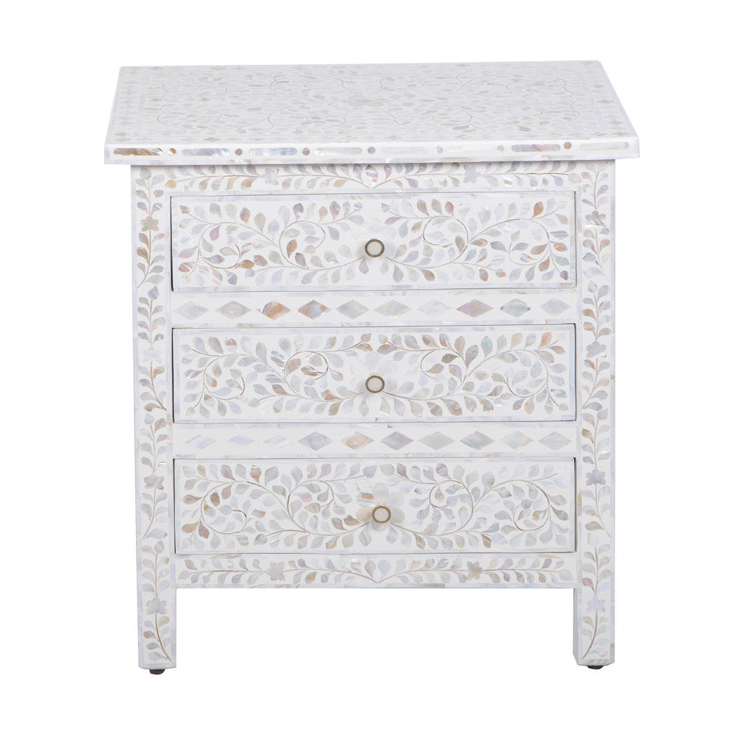 Mother of Pearl Inlay Large 3 Drawer Nightstand - White Floral