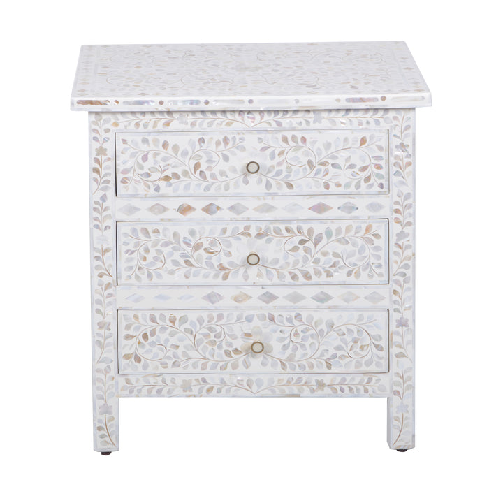 Mother of Pearl Inlay Large 3 Drawer Nightstand - White Floral