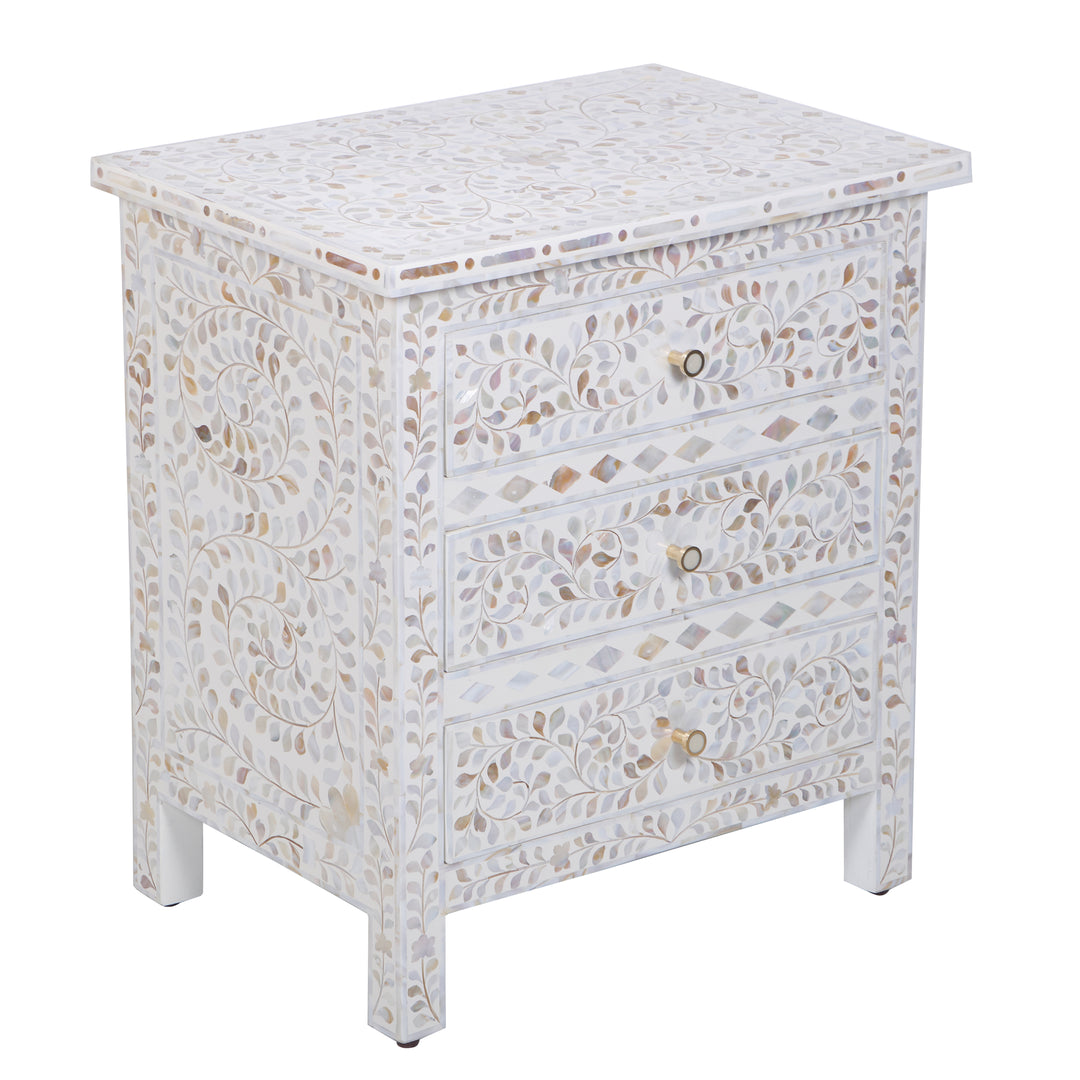 Mother of Pearl Inlay Large 3 Drawer Nightstand - White Floral