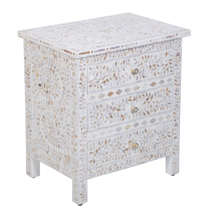 Mother of Pearl Inlay Large 3 Drawer Nightstand - White Floral