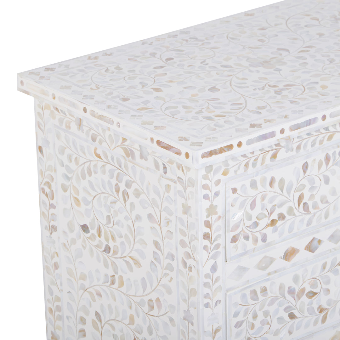 Mother of Pearl Inlay Large 3 Drawer Nightstand - White Floral