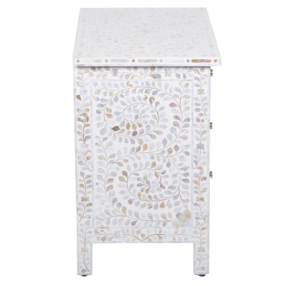 Mother of Pearl Inlay Large 3 Drawer Nightstand - White Floral