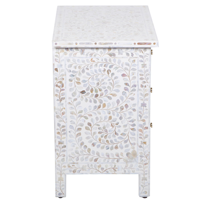Mother of Pearl Inlay Large 3 Drawer Nightstand - White Floral