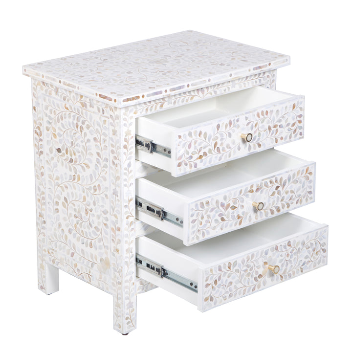 Mother of Pearl Inlay Large 3 Drawer Nightstand - White Floral