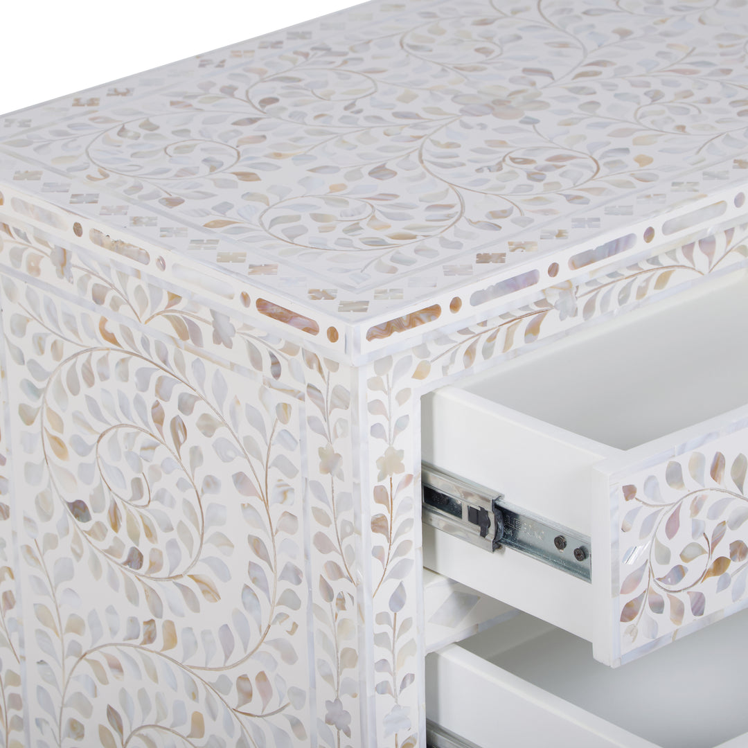 Mother of Pearl Inlay Large 3 Drawer Nightstand - White Floral