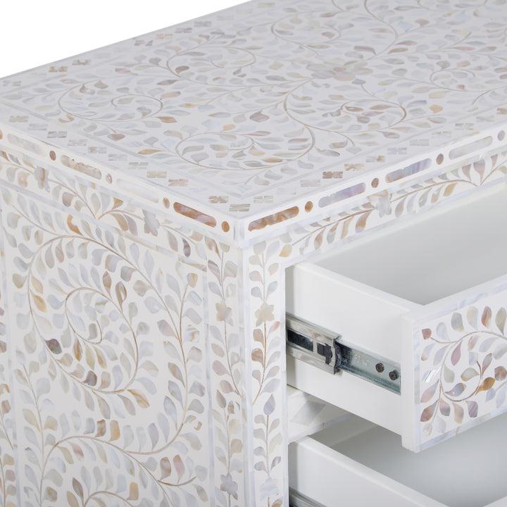 Mother of Pearl Inlay Large 3 Drawer Nightstand - White Floral