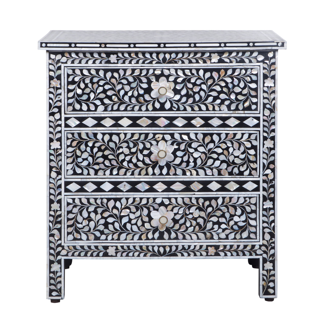 Mother of Pearl Inlay Large 3 Drawer Nightstand - Black Floral