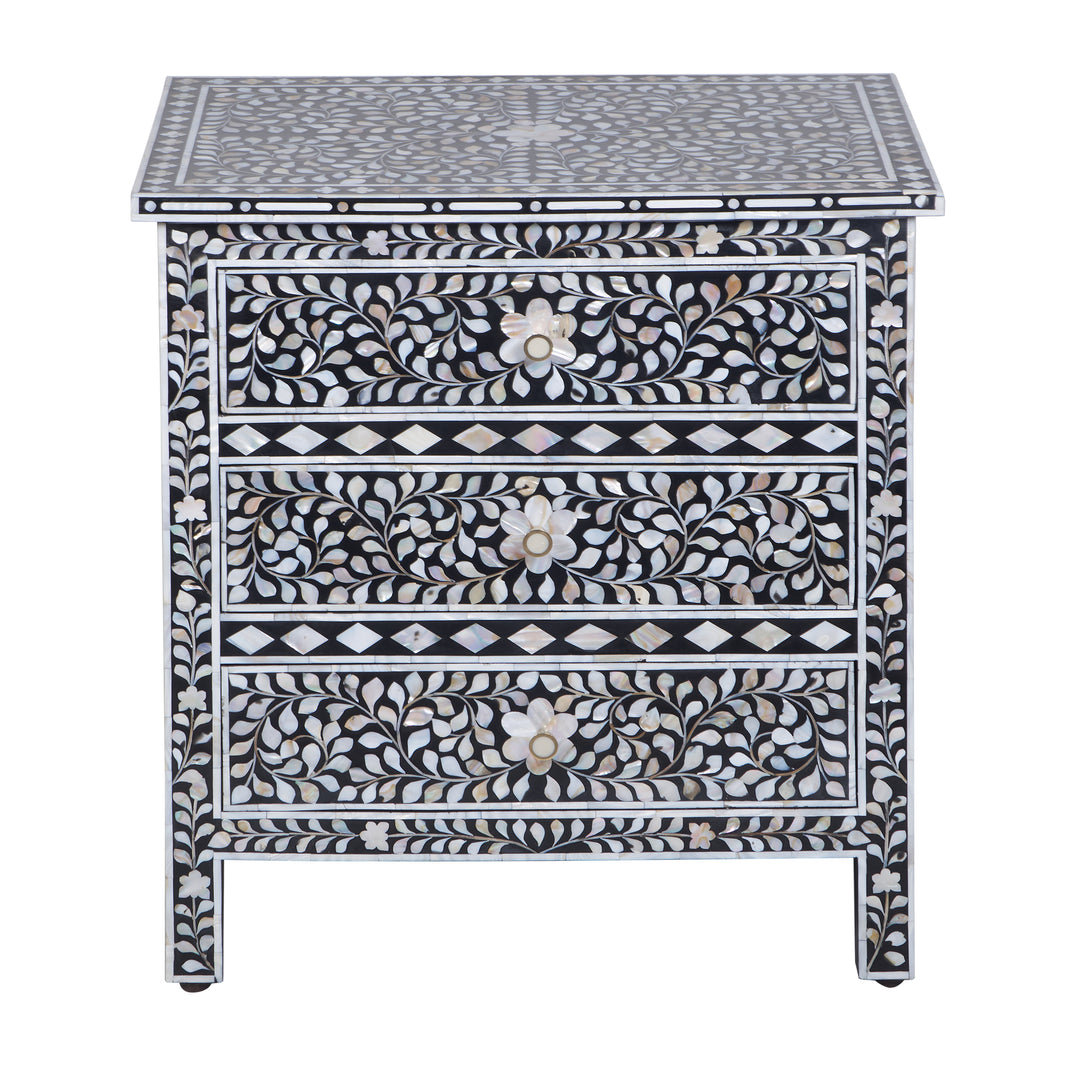 Mother of Pearl Inlay Large 3 Drawer Nightstand - Black Floral