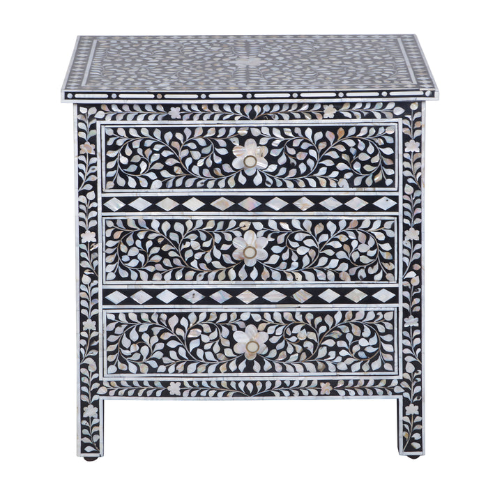 Mother of Pearl Inlay Large 3 Drawer Nightstand - Black Floral