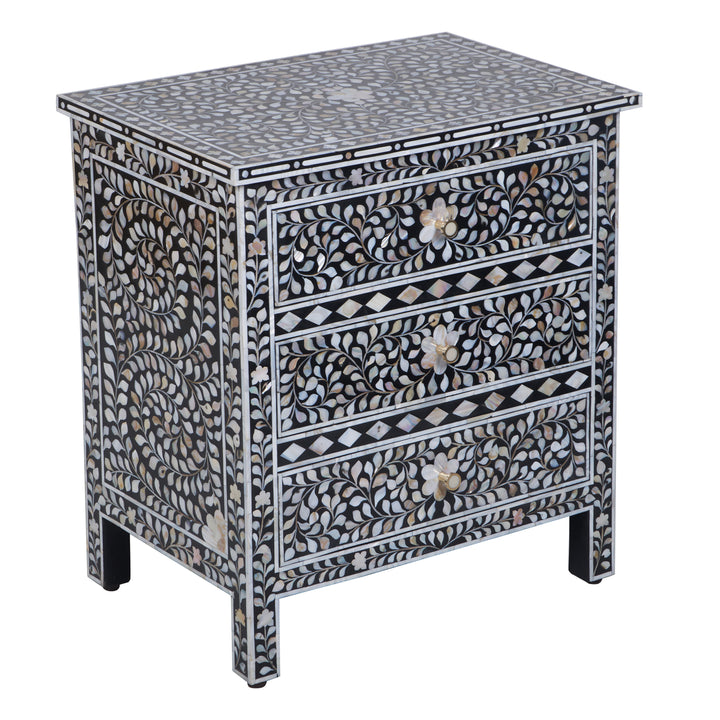 Mother of Pearl Inlay Large 3 Drawer Nightstand - Black Floral