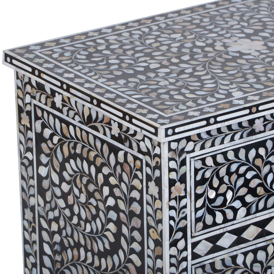 Mother of Pearl Inlay Large 3 Drawer Nightstand - Black Floral