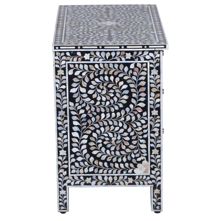 Mother of Pearl Inlay Large 3 Drawer Nightstand - Black Floral