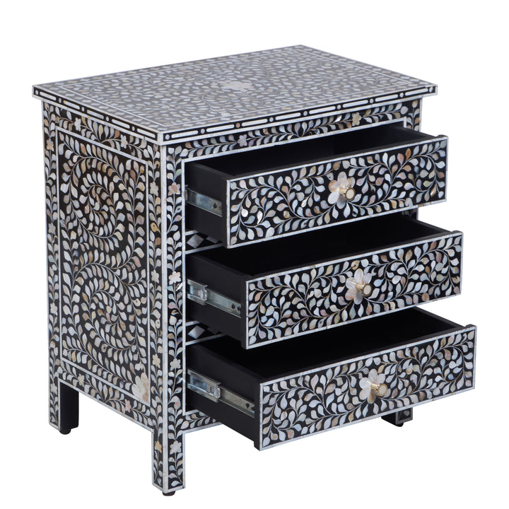 Mother of Pearl Inlay Large 3 Drawer Nightstand - Black Floral