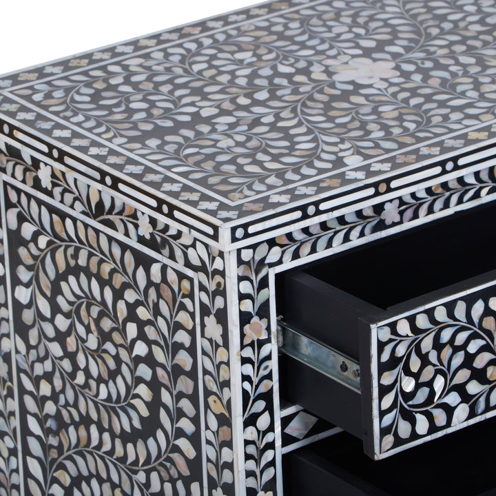 Mother of Pearl Inlay Large 3 Drawer Nightstand - Black Floral