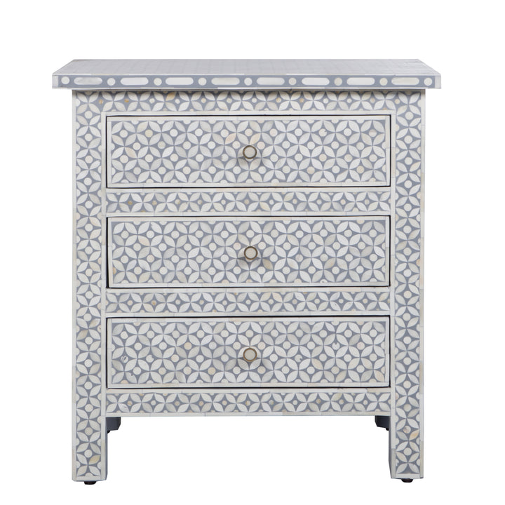 Bone Inlay Large 3 Drawer Nightstand - Grey Geometric