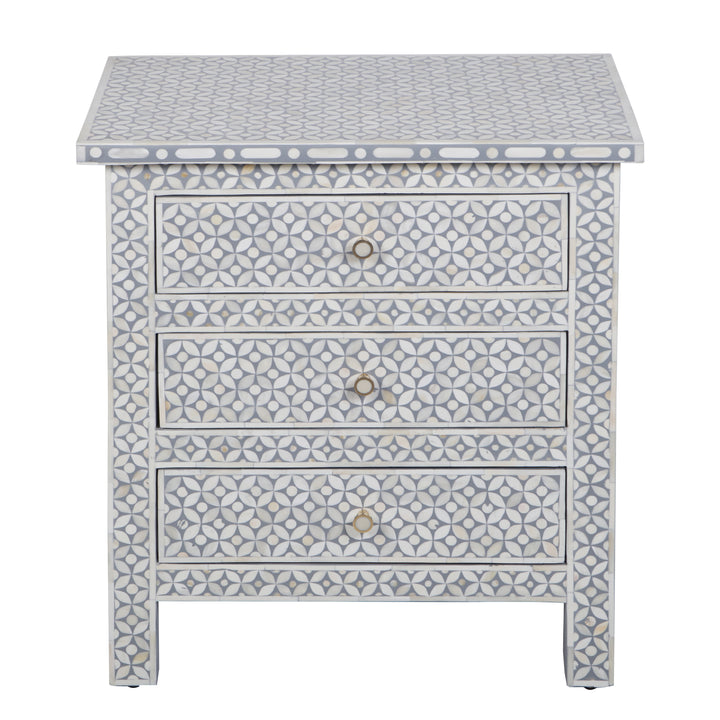 Bone Inlay Large 3 Drawer Nightstand - Grey Geometric