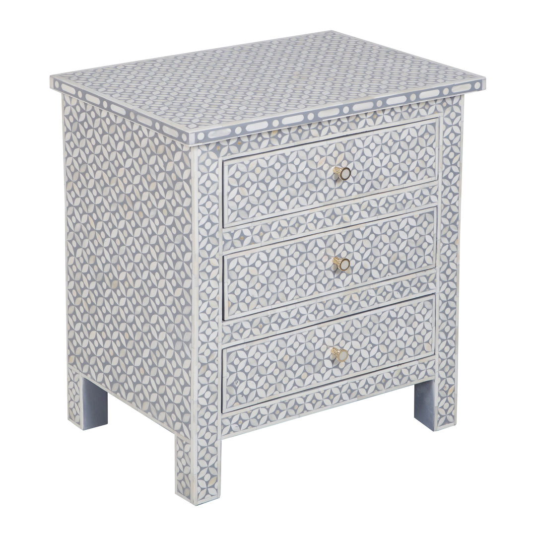 Bone Inlay Large 3 Drawer Nightstand - Grey Geometric