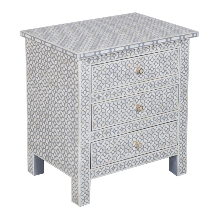Bone Inlay Large 3 Drawer Nightstand - Grey Geometric