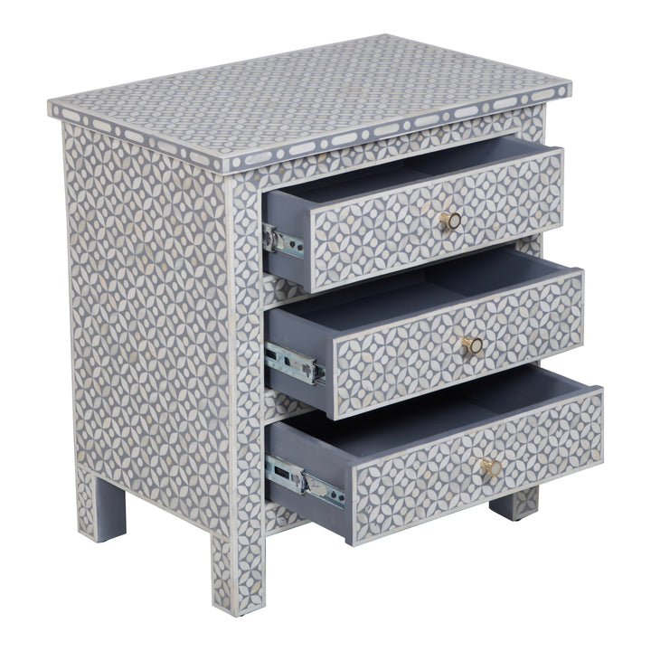 Bone Inlay Large 3 Drawer Nightstand - Grey Geometric