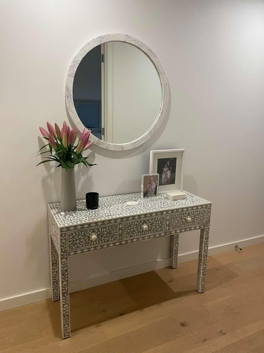 Bone Inlay 3 Drawer Hall Table or Side Table - Light Grey Floral - Abacus and Hunt LLC
